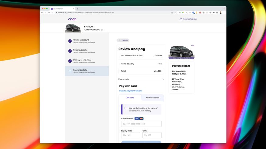 Purchase a car with multiple payment cards on the cinch website
